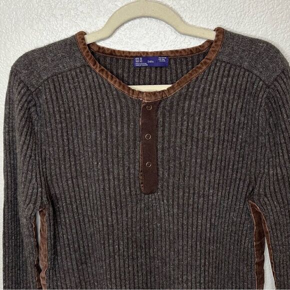 Zara Men’s Wool Blend Knitted Velvet Trim Henley Sweater - Picture 4 of 10